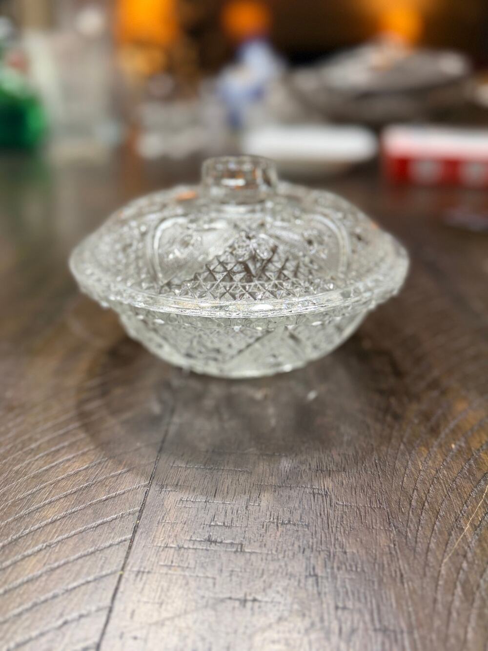 Vintage KIG Indonesia Pressed Glass Covered Candy Dish Hearts Flowers 5" Lid